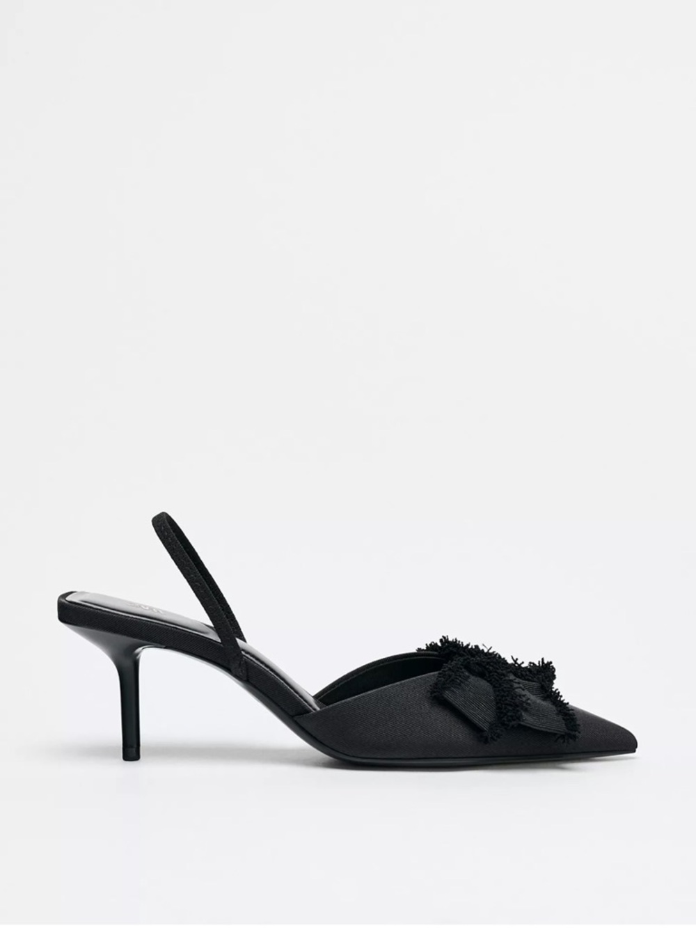 Zara Black Slingback Pointed-Toe Kitten Heel with Frayed Bow 7.5